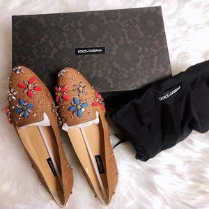 Dolce & Gabbana Tan Woven & Embellished Flats